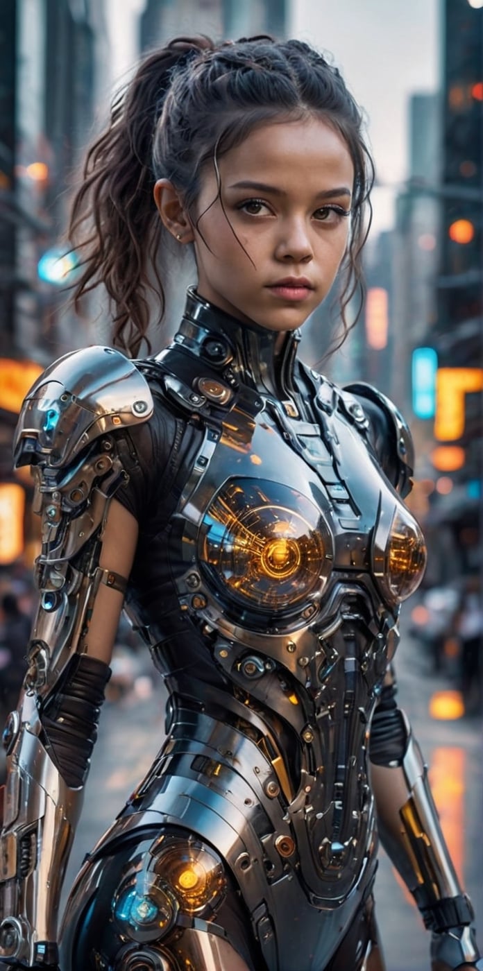 a beautiful jenna ortega cyborg with a translucent glowing glass body and clockwork completely visible through her translucent glass body walking through a futuristic city, fantasy, work of beauty and complexity, 8k UHD, hyperdetailed ultrarealistic face, hazel eyes ,cyborg style,  glowing translucent glass, amber glow,steampunk style, glass body, 80mm digital photo , wide_hips,  translucent seethrough glass like body,Leonardo Style,cyberpunk style,cyberpunk