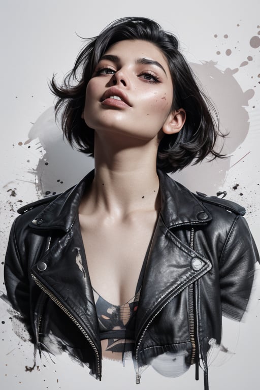 a beautiful female model, a beautiful young woman with short, dark hair. She gazes upward, her head tilted back slightly, conveying a sense ofconfidence and defiance. The artwork uses a monochromatic palette, with bold black and white tones, accentuating the dramatic shadows and highlights on her face and neck. The background is minimalistic, with subtle splatters and abstract strokes that add a dynamic element to the composition. The woman's leather jacket adds a touch of edginess to her appearance, enhancing the overall strong and empowered vibe of the image. The soft lighting emphasizes the natural contours of the subject, and the artist's careful attention to detail gives the portrait a realistic feel. The brushwork is fluid and refined, reminiscent of the painterly mannerisms of artists such as Quentin Blake.