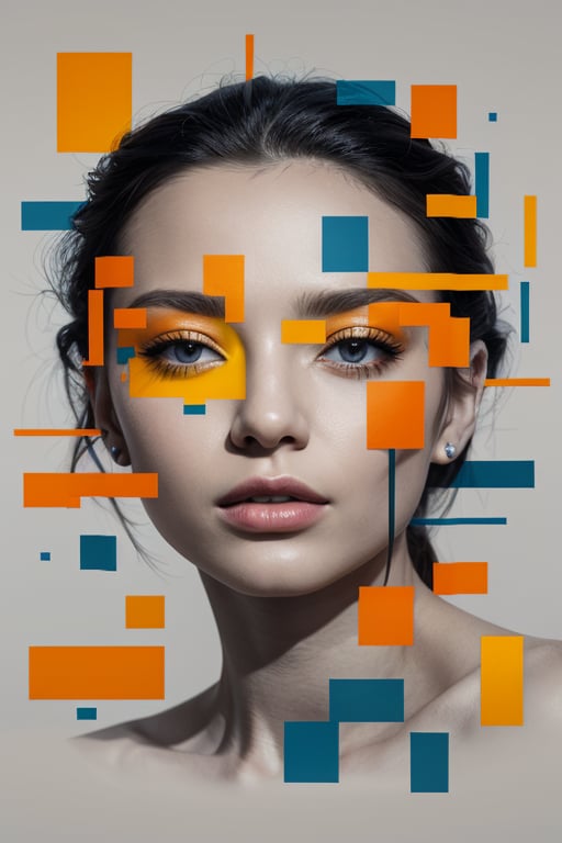 a beautiful female model, a beautiful young woman face in a fragmented and stylized manner. The face is primarily in grayscale, giving it a classic and timeless feel. However, the overlay of geometric shapes in vibrant hues of orange, blue, and yellow adds a modern and abstract twist. The shapes seem to dance around the portrait, creating a lively and energetic atmosphere. The juxtaposition of realism and abstraction in this artwork makes it a unique and thought-provoking piece.