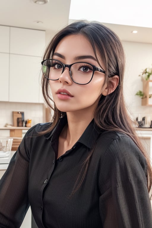 a beautiful female model, a beautiful young woman, long hair, looking at viewer, shirt, black hair, long sleeves, green eyes, upper body, parted lips, glasses, collared shirt, indoors, lips, black shirt, realistic, nose