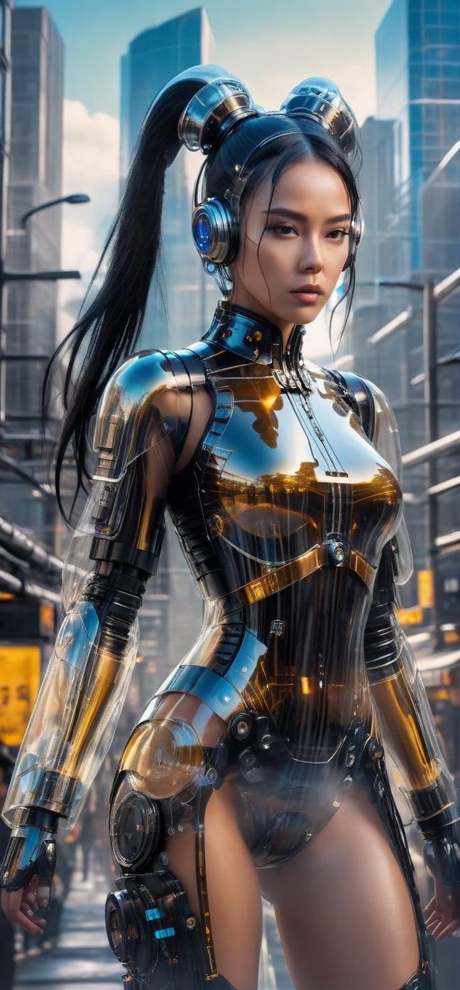 Imagine a beautiful cyborg with a translucent glowing glass body and clockwork completely visible through her translucent glass body walking through a futuristic city, long black hair in space buns,  fantasy, work of beauty and complexity, 8k UHD, hyperdetailed ultrarealistic face, hazel eyes ,cyborg style,  glowing translucent glass, amber glow,steampunk style, glass body, 80mm digital photo , wide_hips,  translucent seethrough glass like body,Leonardo Style,cyberpunk style