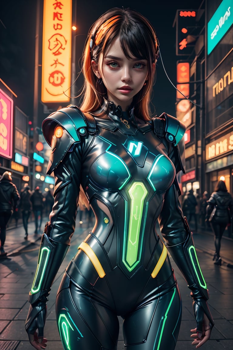sci fi futuristic technology electricity inspired clear armour pieces with pop fashion editorial styling light up LED neon blue orange green yellow.