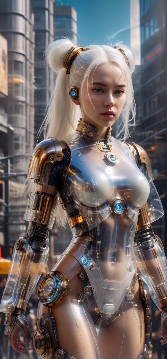 Imagine a beautiful cyborg with a translucent glowing glass body and clockwork completely visible through her translucent glass body walking through a futuristic city, long white hair in space buns,  fantasy, work of beauty and complexity, 8k UHD, hyperdetailed ultrarealistic face, hazel eyes ,cyborg style,  glowing translucent glass, amber glow,steampunk style, glass body, 80mm digital photo , wide_hips,  translucent seethrough glass like body,Leonardo Style,cyberpunk style