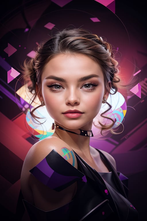 a beautiful female model, a beautiful young woman with elegant makeup and curled hair, her face with a captivating expression set against a vibrant, abstract digital art background with geometric shapes and bold colors.