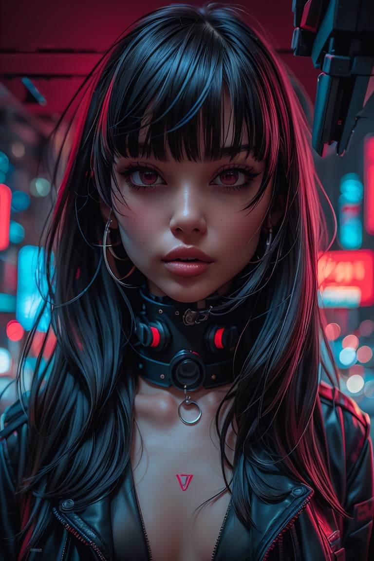 1girl, solo, long hair, looking at viewer, bangs, simple background, black hair, red eyes, upper body, blunt bangs, red background, science fiction, high collar, cyberpunk.