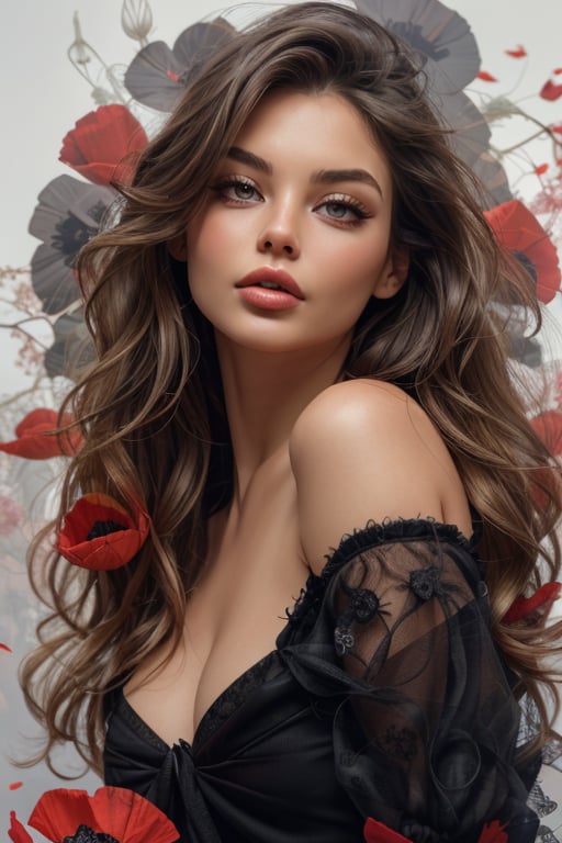 a beautiful female model, a beautiful young woman with long, wavy hair wearing a black lace garment surrounded by vibrant red poppies against a soft-toned backdrop.