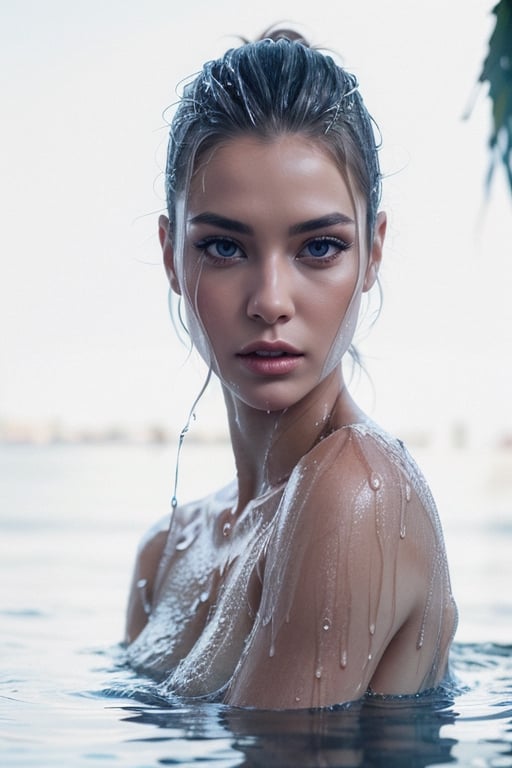 a beautiful female model, a beautiful young woman with wet hair, blue eyes, and a serious expression on her face. She is standing in water up to her shoulders. The background of the photo is blurred, and the woman's skin is smooth, flawless, and wet.