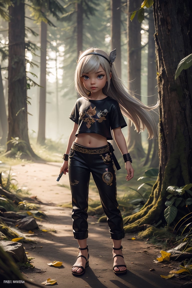 A young girl, Indonesian face, 30 years old, a white light emerges from his hands, athletically built, wearing a white silat shirt and trousers, smooth, long hair with a white headband, wearing an arm bracelet, on top  Batu wears full body sandals, looks far away, forest, fallen leaves, wind effects, very realistic detailed cinematic dramatic rendering unreal engine 5 ultra hd 128k sdxl midjourney.,Chibi