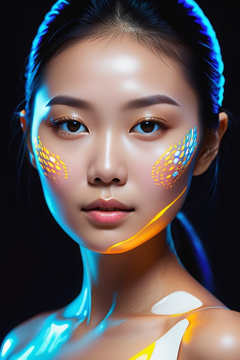 book cover, macro photo of an asian woman with perfect skin, backlit by neon UV lights, luxury, high end, scientific, embody innovation, optimism, and elegance, suitable for a high-end skincare brand. abstract elements that suggest cellular regeneration and a youthful glow, all within a positive, futuristic aesthetic. The color palette should harmonize with the warm, inviting tone of #c88443, reflecting health, vitality, and the transformative power of exosomes.