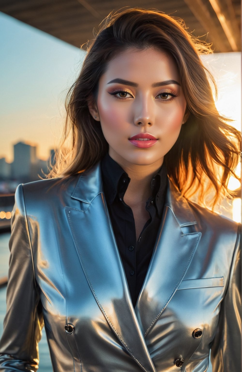 Under the golden radiance of the setting sun, envision a Japanese girl of elegance, her attire a sharply tailored suit complemented by luxurious black leather boots. She embodies sophistication, The backdrop is a marvel of modern architecture, a bridge crafted entirely from glass, capturing and reflecting the sun's rays into a spectrum of rainbow lights. This scene is to be captured as if through the lens of a zero-reflection camera, with utmost clarity and resolution, highlighting the woman's exquisite facial features in sharp detail. The image merges the timeless elegance of traditional portrait photography with the vibrant, dynamic hues of sunset, set against a futuristic glass bridge. The focus is on achieving a hyper-realistic quality that brings out the texture of her suit, the shine on her boots, and the delicate beauty of her face under the soft, colorful glow of the evening light, style raw.