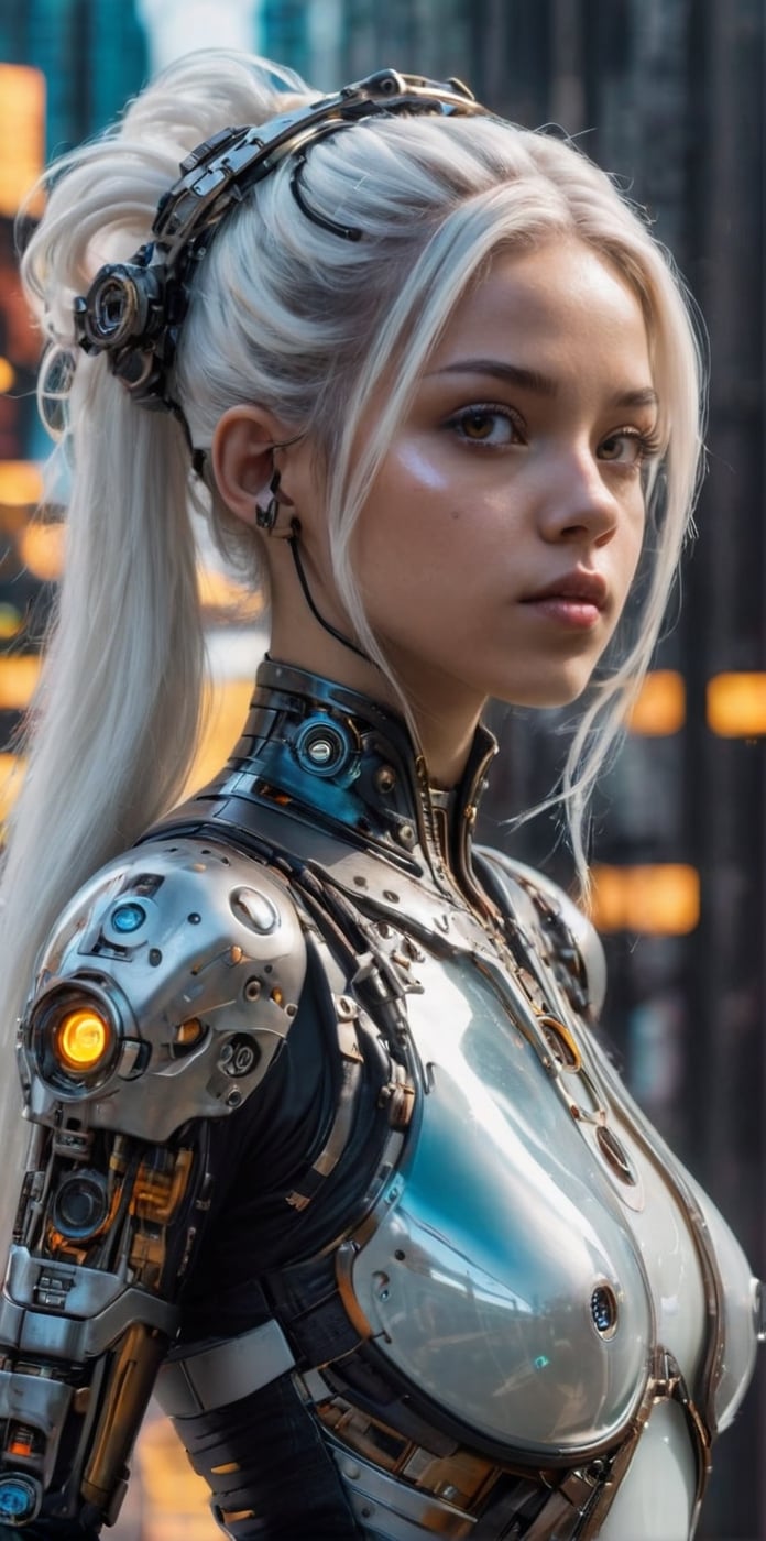 a beautiful jenna ortega cyborg with a translucent glowing glass body and clockwork completely visible through her translucent glass body walking through a futuristic city, long white hair in space buns,  fantasy, work of beauty and complexity, 8k UHD, hyperdetailed ultrarealistic face, hazel eyes ,cyborg style,  glowing translucent glass, amber glow,steampunk style, glass body, 80mm digital photo , wide_hips,  translucent seethrough glass like body,Leonardo Style,cyberpunk style,cyberpunk