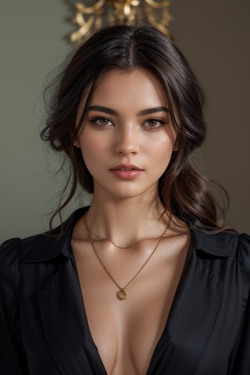 a beautiful female model, a beautiful young woman with dark hair in disarray, wearing a dark shirt and a delicate necklace with small pendants. The background should feature an indistinct golden-toned object that suggests opulence.