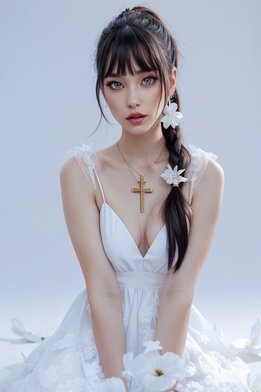 a beautiful female model, a beautiful young woman dressed in a white sleeveless dress, adorned with a white cross necklace. Her hair is styled in a long, straight ponytail, adding a touch of color to her face. Her eyes are a piercing blue, and her lips are a vibrant pink. She is seated on a white backdrop, her hair cascades down to her shoulders. Her dress is adorned with two white flowers in her hair. The backdrop is a stark white, creating a stark contrast to her white dress.