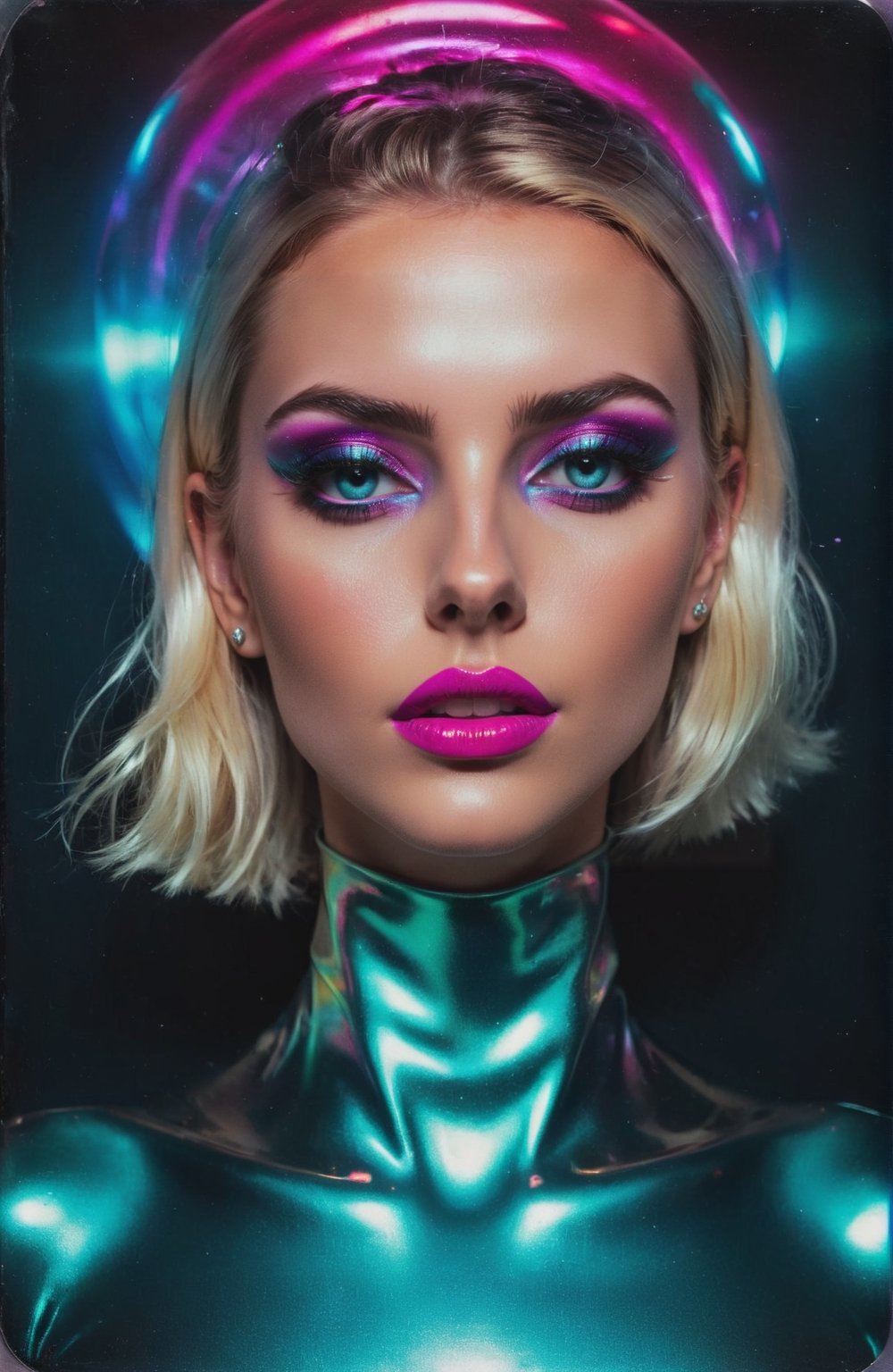 synthwave ambrotype portraiture cosmic horror hyperrealism avant-garde model, photorealistic, vsco style, exaggerated elongated features, shimmer and shine, neon, perfect glowy skin, glassy skin, exaggerated eyes, full body.,Extremely Realistic