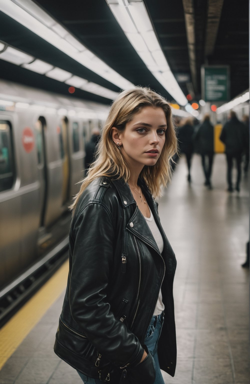 street photography in style of Larry Clark, contemporary female at a subway station, in fronti between blurry subway passing by, photorealism, cinematic, accent lightning, global illumination, shot on Sony a7iv, sigma 30mm.