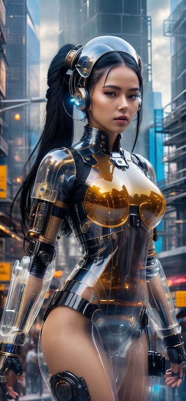 Imagine a beautiful cyborg with a translucent glowing glass body and clockwork completely visible through her translucent glass body walking through a futuristic city, long black hair in space buns,  fantasy, work of beauty and complexity, 8k UHD, hyperdetailed ultrarealistic face, hazel eyes ,cyborg style,  glowing translucent glass, amber glow,steampunk style, glass body, 80mm digital photo , wide_hips,  translucent seethrough glass like body,Leonardo Style,cyberpunk style