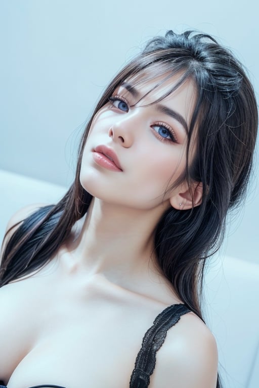 a beautiful female model, a beautiful young woman with long black hair and wearing a black dress with lace on the chest. She is leaning on her shoulder and looking down. Her face looks sad and pensive.