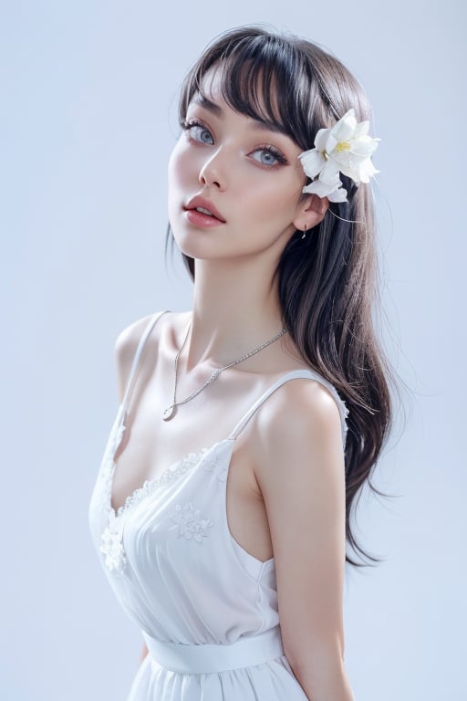 a beautiful female model, a beautiful young woman dressed in a white sleeveless dress, adorned with a silver necklace. Her hair is long and cascades over her shoulders, framing her face. Her eyes are a piercing blue, adding a pop of color to the otherwise monochromatic scene. She is wearing a headband adorned with white flowers. The backdrop is a stark white, creating a stark contrast to her white dress.