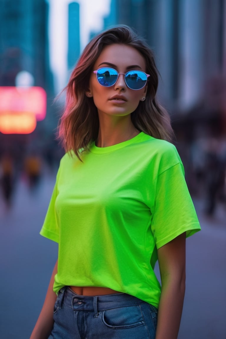 beautiful supermodel on the street of dystopian city, big sunglasses, wearing a neon-colored t-shirt