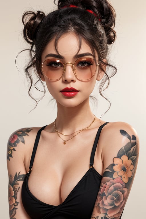 a beautiful female model, a beautiful young woman looking at viewer, simple background, black hair, jewelry, collarbone, upper body, necklace, mole, lips, tattoo, makeup, sunglasses, lipstick, round eyewear, red lips, arm tattoo, tinted eyewear.