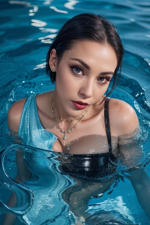 a beautiful female model, a beautiful young woman, looking at viewer, short hair, blue eyes, black hair, water, head tilt, makeup, lipstick, realistic, red lips