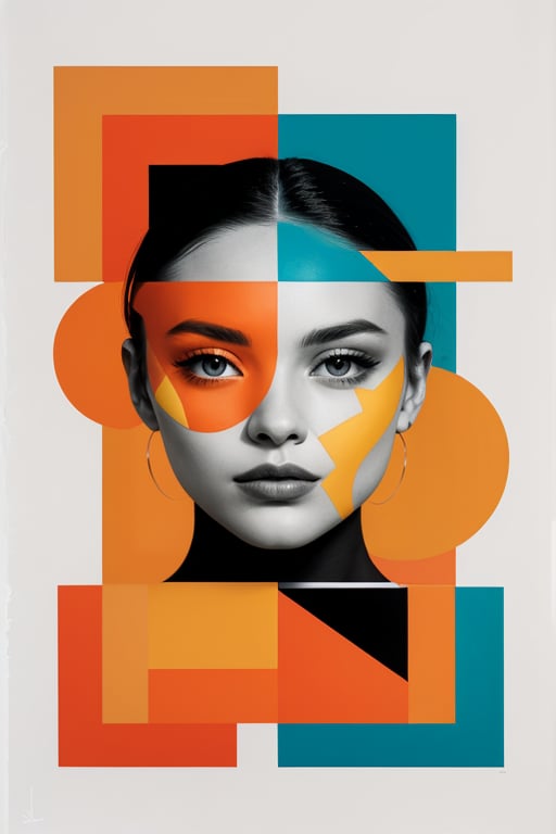 a beautiful female model, a beautiful young woman face, fragmented and overlaid with geometric shapes and vibrant colors. The face is primarily in grayscale,with the overlaying rectangles, squares, and circles in shades of orange, blue, and yellow. The artwork seems to blend modern abstract design with a portrait, creating a juxtaposition of realism and abstraction.