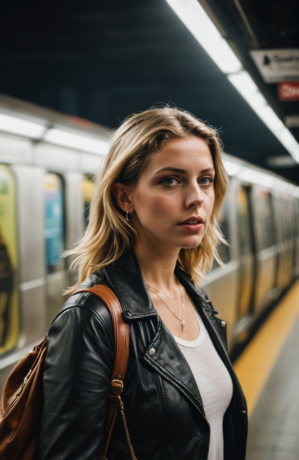 street photography in style of Larry Clark, contemporary female at a subway station, in fronti between blurry subway passing by, photorealism, cinematic, accent lightning, global illumination, shot on Sony a7iv, sigma 30mm.
