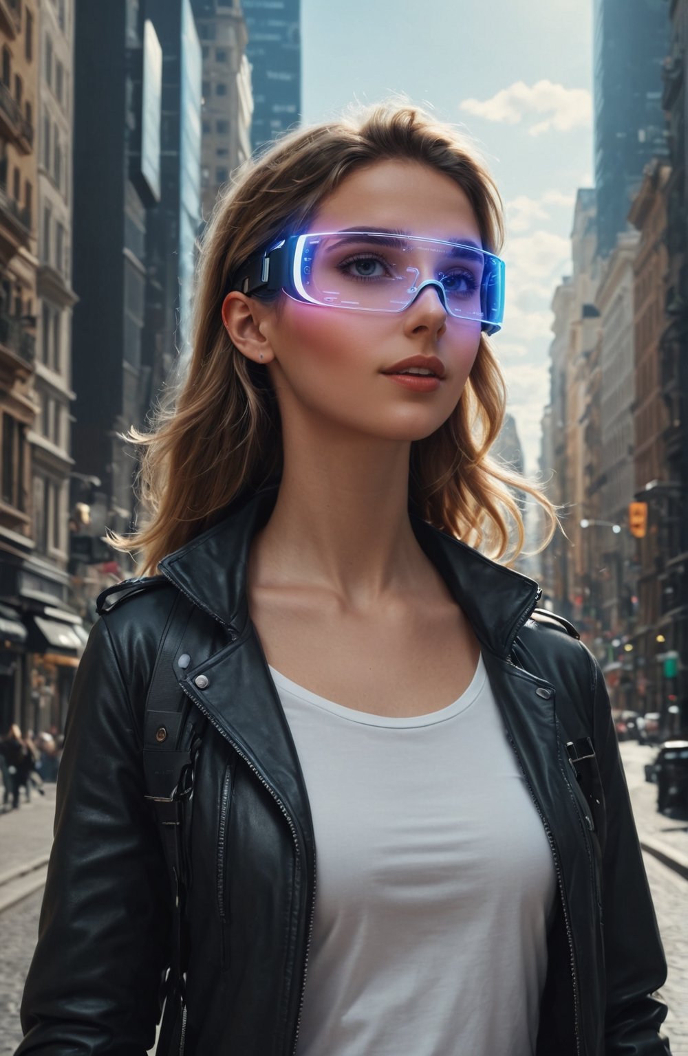 A young woman walks through a city with augmented reality glasses and organizes a trip with a digital assistant. highly detailed, photorealistic, hyperreal, cinematic atmosphere.