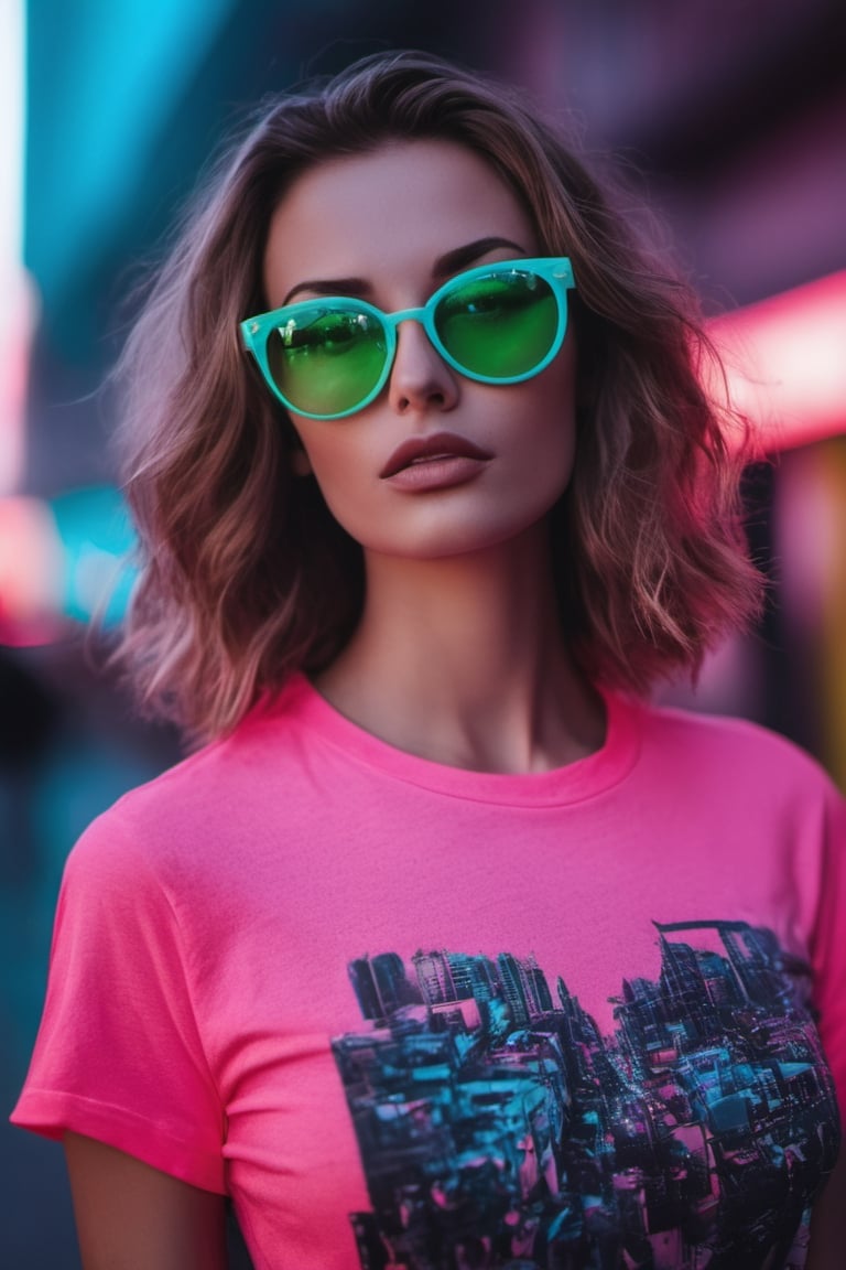 beautiful supermodel on the street of dystopian city, big sunglasses, wearing a neon-colored t-shirt,photo r3al