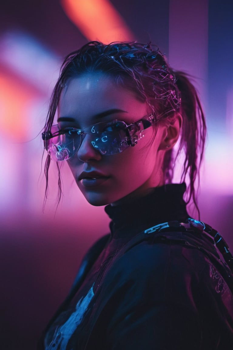 extremely blurred portrait of a cyberpunk girl. Full blurred scene, no details, neon pastel colors, multiple exposure,cyberpunk style,night city