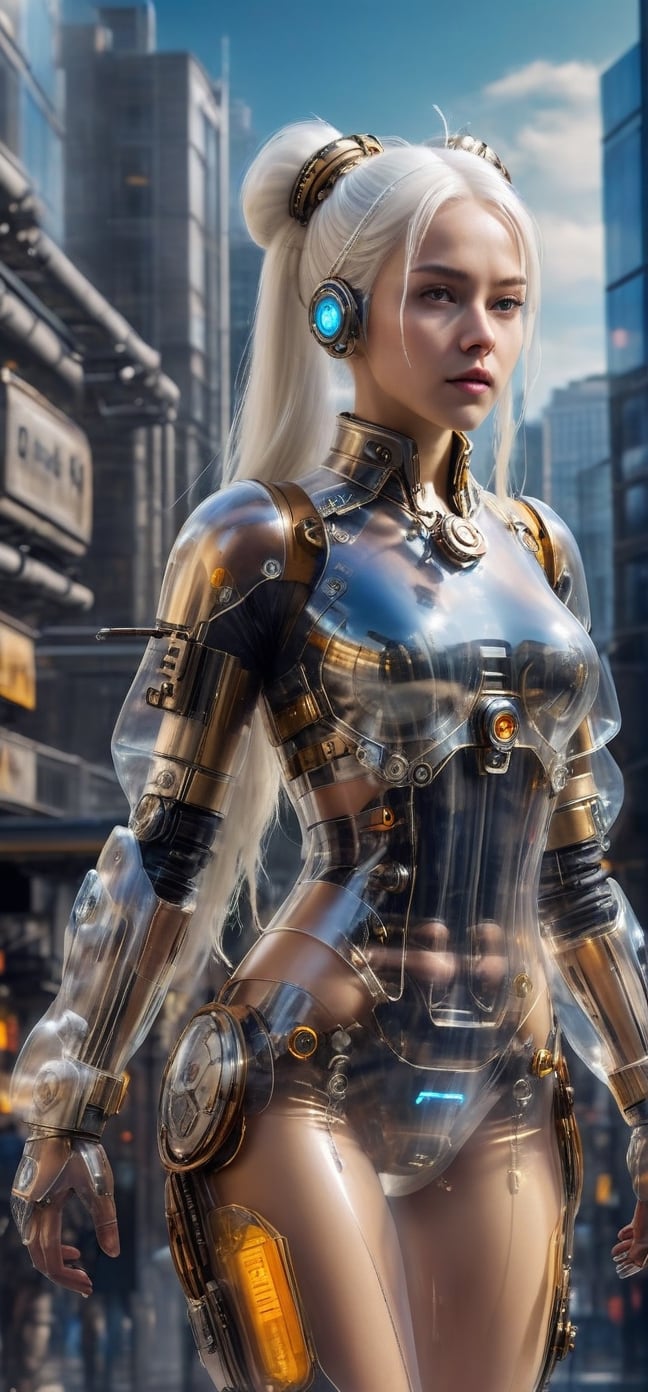 Imagine a beautiful cyborg with a translucent glowing glass body and clockwork completely visible through her translucent glass body walking through a futuristic city, long white hair in space buns,  fantasy, work of beauty and complexity, 8k UHD, hyperdetailed ultrarealistic face, hazel eyes ,cyborg style,  glowing translucent glass, amber glow,steampunk style, glass body, 80mm digital photo , wide_hips,  translucent seethrough glass like body,Leonardo Style,cyberpunk style