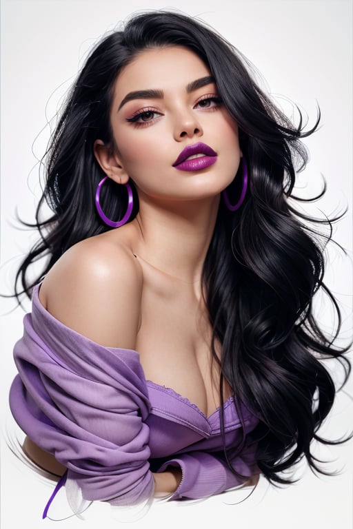 a beautiful female model, a beautiful young woman with long, flowing black hair. She has a prominent gaze directed upwards, and her facial features are accentuated with bold purplelipstick. She wears large hoop earrings and is draped in a purple garment. The artwork is rendered in a mix of grayscale and vibrant purple, with the background being predominantly white.