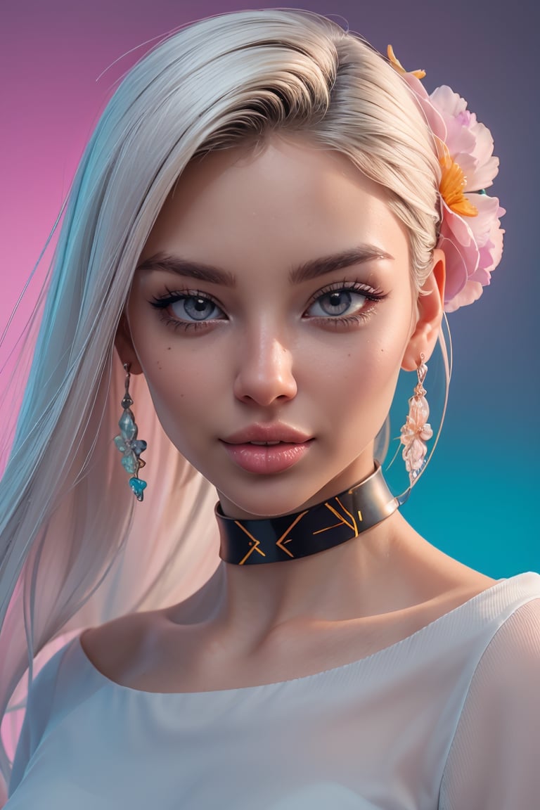 the beauty is standing on the flower,the facial details are profect, and the character details are exquisite, trendy fashion cloths, trendy portraits, bright colors, clean background, 3D cartoon systle rendering, Panoramic view, large aperture, pop mart production, delicate gloss, 8K gradient translucent glass melt, frosted glass.