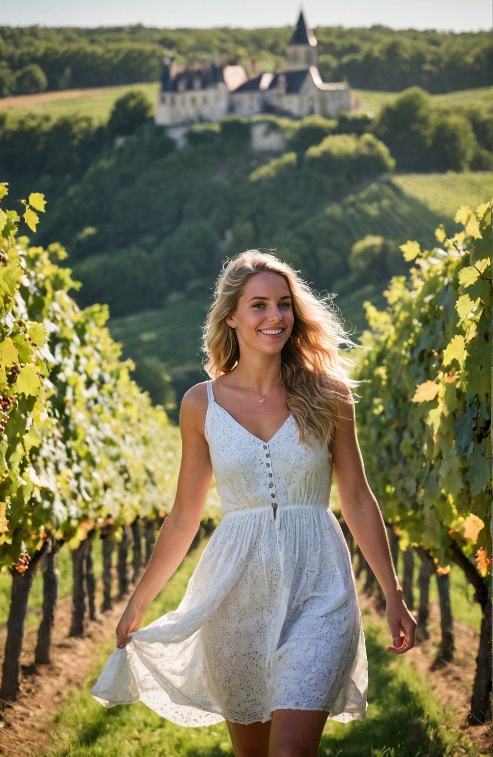 This image captures a young New Zealand woman on a winery tour in the picturesque Loire Valley in France. she walks through lush green vineyards under the soft sunlight, dressed in a light summer dress, her hair shining. Her face reflects excitement and joy for the adventure and discoveries ahead. The backdrop showcases the Loire Valley's typical landscape, with historic winery buildings scattered across the horizon, each telling the story of the region's rich winemaking history. Surrounding her are vineyards with ripe grape bunches, and beyond, the gentle flow of a river through the valley. Despite touring alone, her expression reveals no loneliness, only the happiness of immersing herself in new cultures and the beauty of nature. This scene conveys the joy of discovery in a new place and the passion of a young traveler exploring the world, highlighting the natural beauty and wine culture of the Loire Valley.