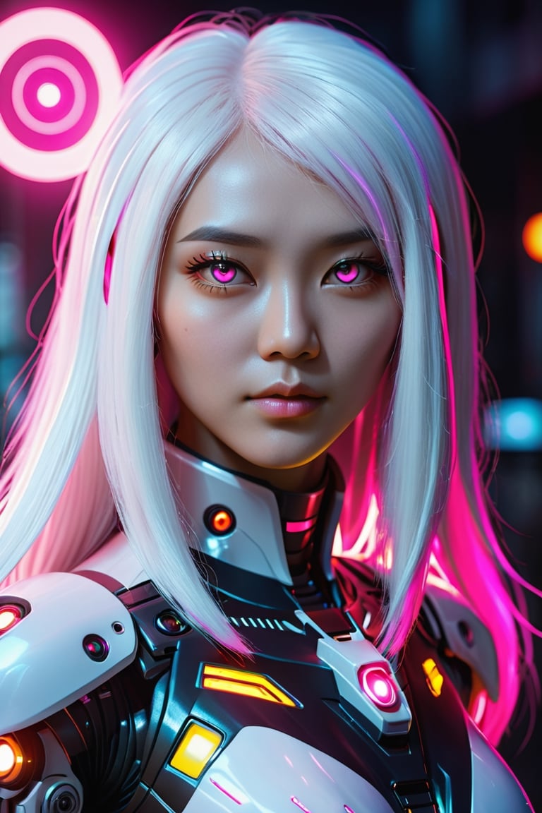 robotech asian female model with long white hair, neon eye makeup, glowing implants on the skin, pink lens flare, focus on the face, ultra realistic skin, high detail, futuristic sci-fi, volumetric light, trending on artstation