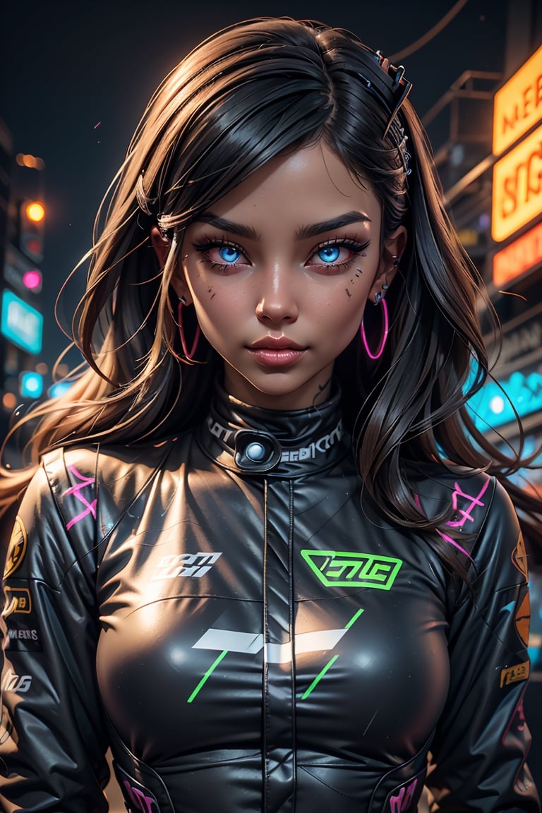 hard surface Sci Fi, female race car driver wearing art deco clothing, facial piercings, glowing eyes, neon makeup, stylize 777.