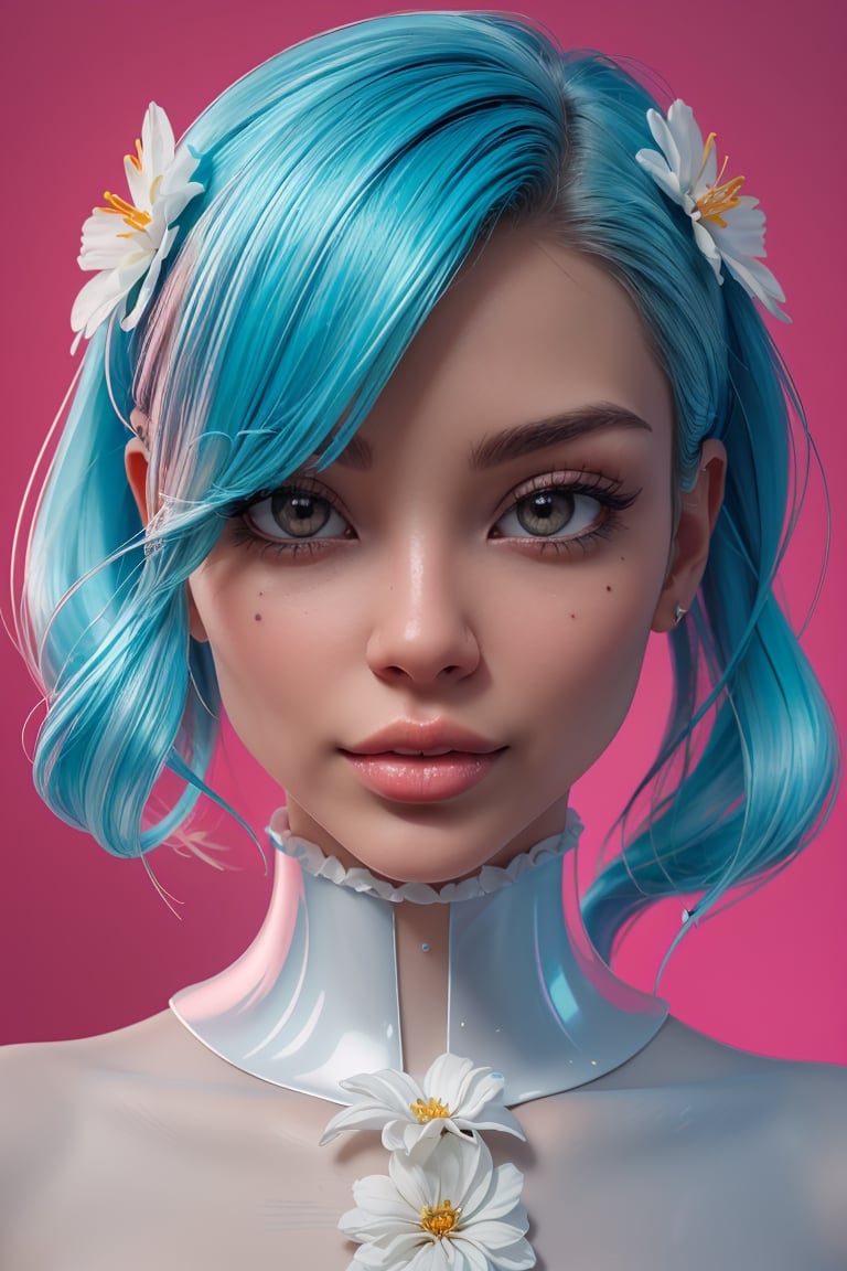 the beauty is standing on the flower,the facial details are profect, and the character details are exquisite, trendy fashion cloths, trendy portraits, bright colors, clean background, 3D cartoon systle rendering, Panoramic view, large aperture, pop mart production, delicate gloss, 8K gradient translucent glass melt, frosted glass.