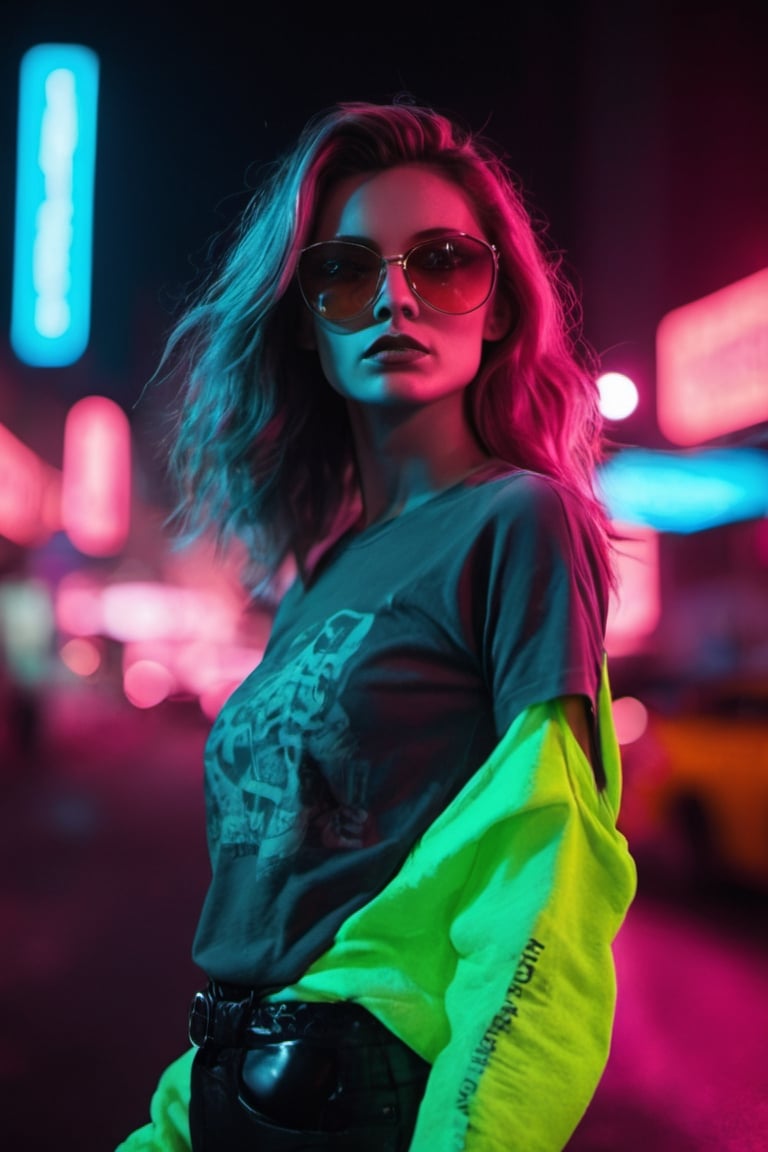 beautiful supermodel on the street of dystopian city, big sunglasses, wearing a neon-colored t-shirt,photo r3al