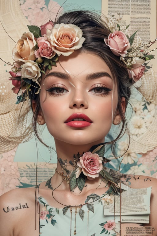 a beautiful female model, a beautiful young woman with an exquisite floral arrangement adorning her head and cascading down her back. Her face is beautifully highlighted with vibrant red lipstick and striking eye makeup, giving her a mesmerizing, mystical appearance. The background is a harmonious blend of pastel hues, intricate script, and what appears to be newspaper clippings, creating a dreamy, ethereal atmosphere. The seamless fusion of art and nature in this composition evokes a sense of wonder and enchantment.