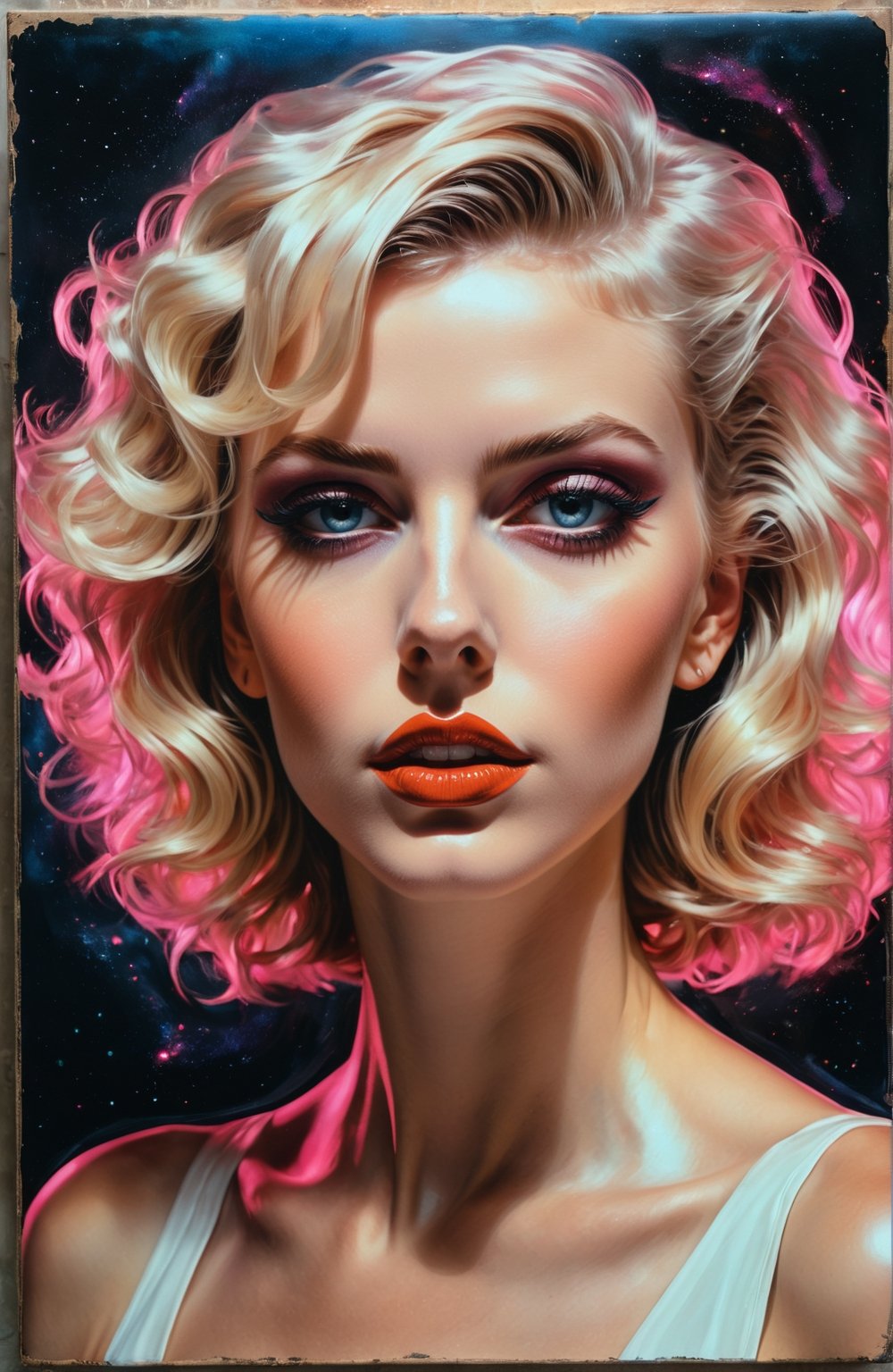 synthwave ambrotype portraiture cosmic horror hyperrealism avant-garde model, photorealistic oil painting by JC Leyendecker and enoch bolles and Dan Witz and odd nerdrum, vsco style, exaggerated elongated features, shimmer and shine, neon, perfect glowy skin, glassy skin, exaggerated eyes.