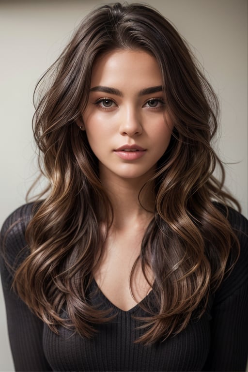 a beautiful female model, a beautiful young woman with long, layered wavy hair featuring brown tones and subtle highlights. The hairstyle should frame the face area elegantly. Include a black ribbed top to complement the casual yet stylish look of the subject.
