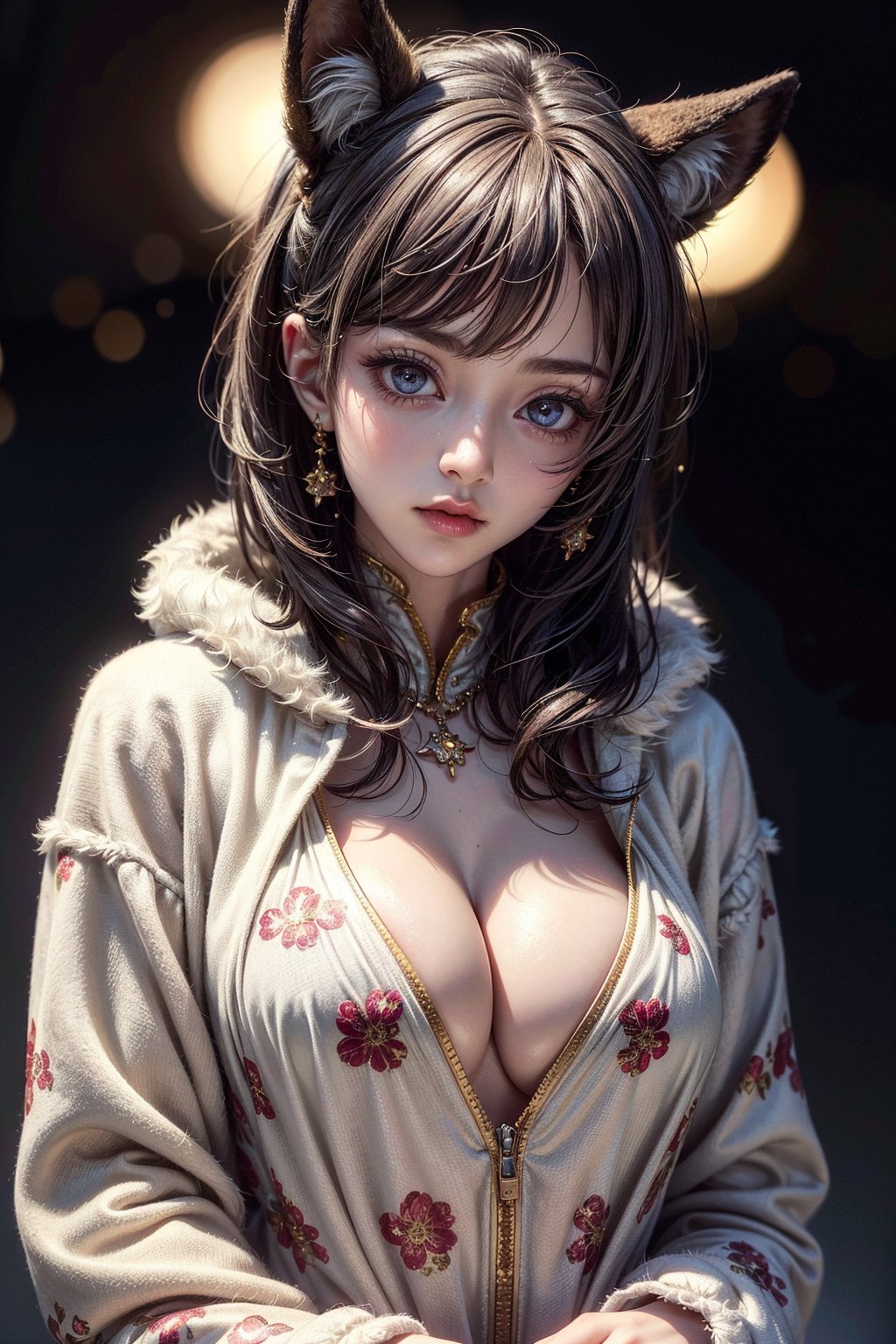 Photography of a petite woman, beautiful face, full cleavage, 25 years old, wearing oversized plush onesie, with animal pattern, superfuzzy, cute, detailed eyes, perfect body, cinematic lighting, bokeh, 8k, uhd, soft shadows, masterpiece, very detailed face lips eyes