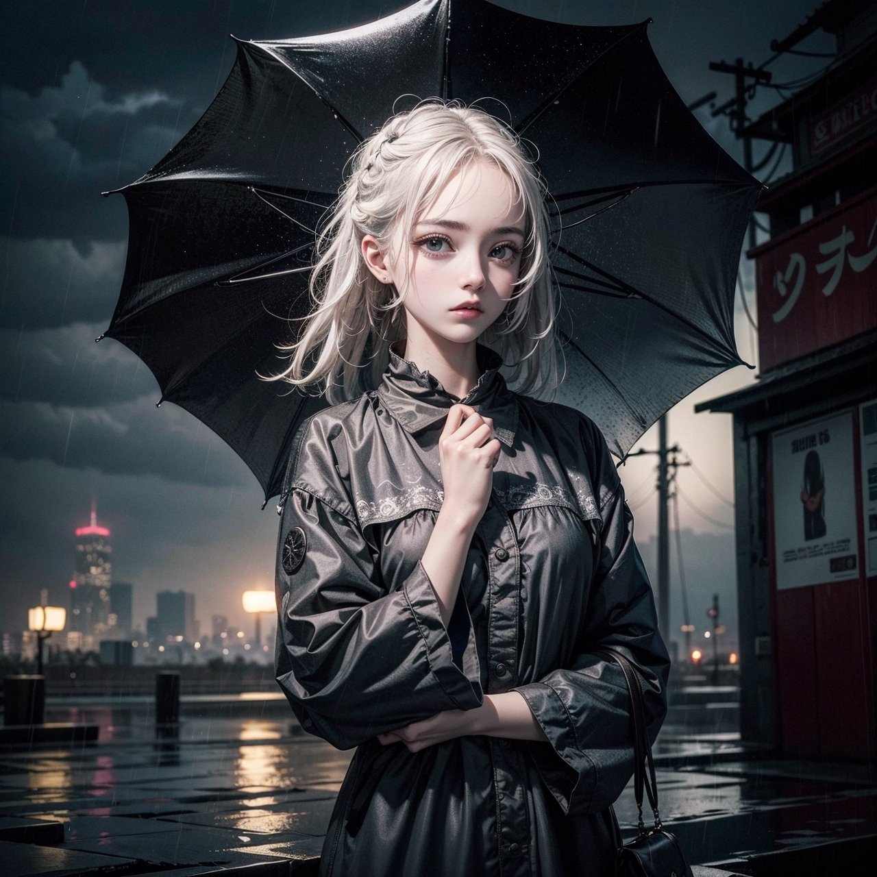 photograph of a girl,centred image,gloomy backgoround,shocked,raining,night time,high quality,detailed shot