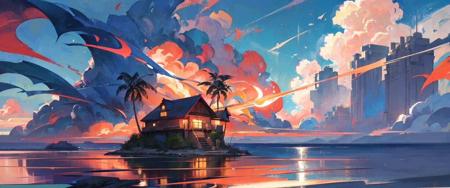 realistic dragon ball kami house in distance,a small island with a small house in the middle of sea,red house,sea iwth mountains on side,clouds makes a dragon,daytime,dragon ball anime,red roof,with palm trees around the house,shenron,green dragon in sky with wiskers,green hige dragon 