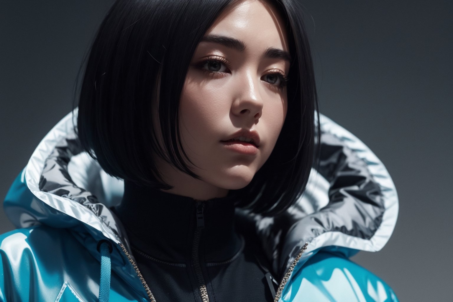 large superimposed Japanese characters ::2 close-up portrait of a beautiful woman with short blue hair, wearing a plastic Nike jacket, in cyberpunk style, with a dark gray background style raw,Masterpiece