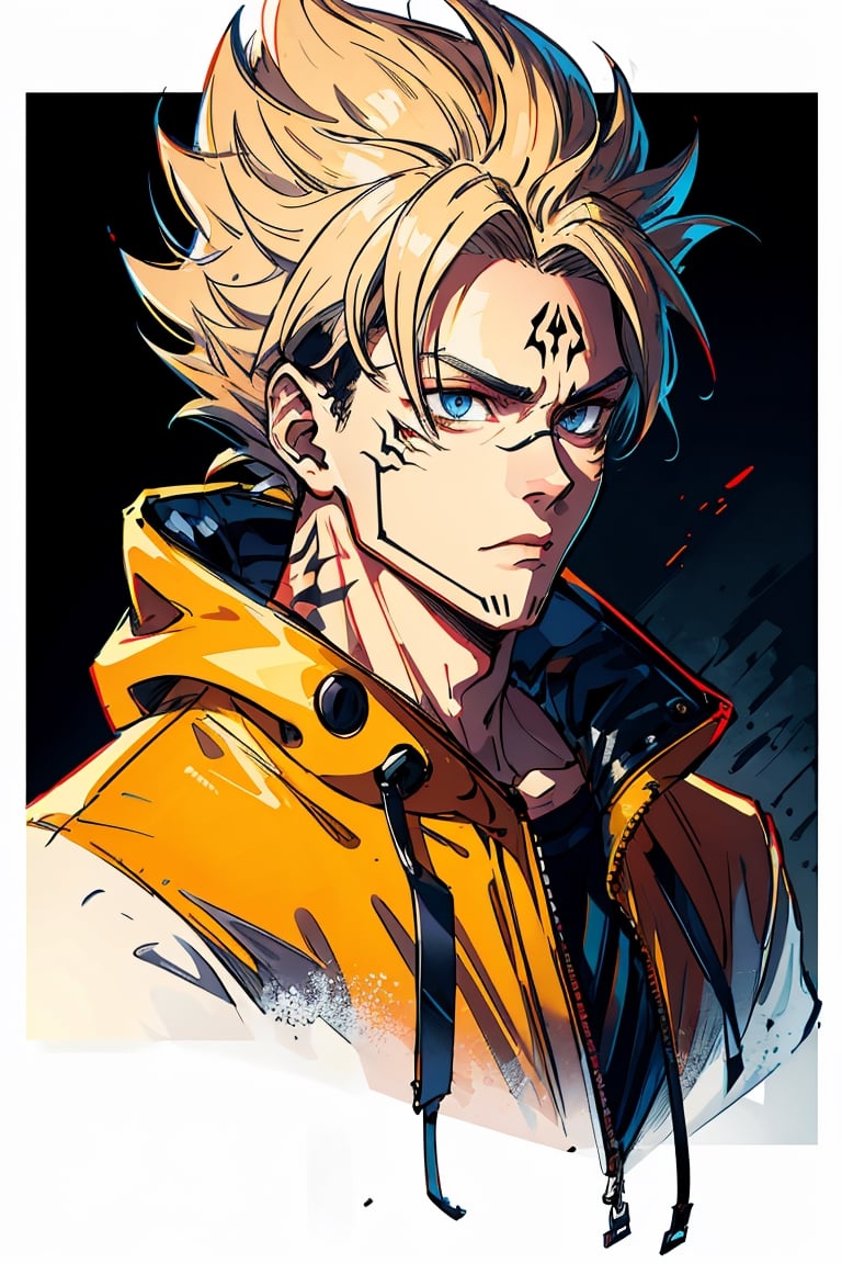 detailed portrait, 1boy, highly detailed clothes, wearing neon coat with hood, beautiful face, robotic, super saiyen, blond hair, brush strokes, 12k, beautiful outfit, wlop, high definition, cinematic, behance contest winner, portrait featured on unsplash, stylized digital art, smooth,raidenshogundef,son goku,sukunatattoo