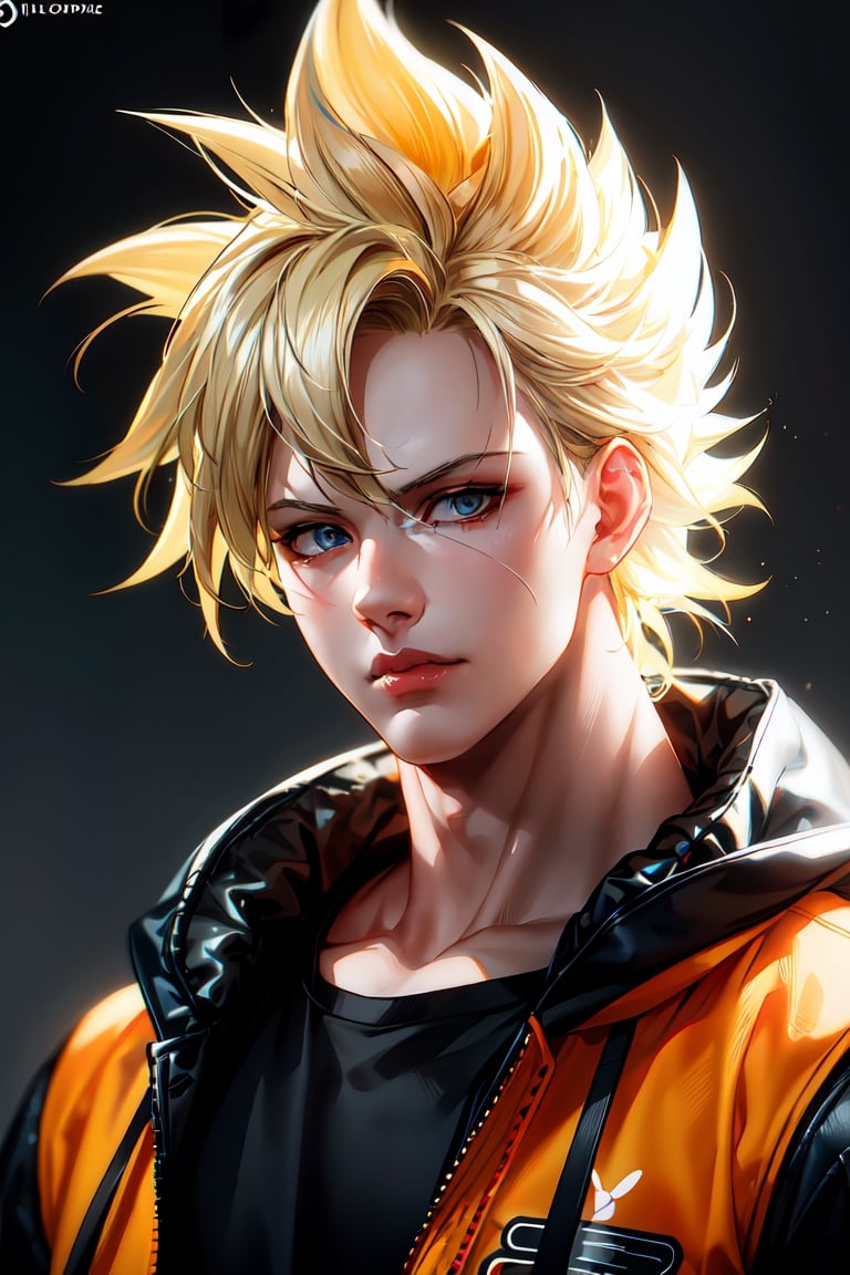 detailed portrait, ultra realistic, 1boy, highly detailed clothes, wearing neon coat with hood, beautiful face, robotic, super saiyen, blond hair, brush strokes, 12k, beautiful outfit, wlop, high definition, cinematic, behance contest winner, portrait featured on unsplash, stylized digital art, smooth,son goku