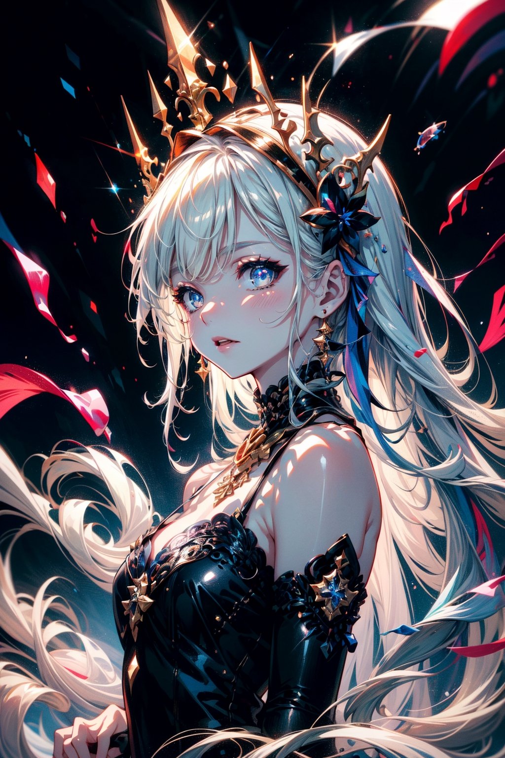 ultra detailed illustration in anime style of a gorgeous vampire woman with iridiscent eyes, pale skin, headdress, gothic victorian dress, lens flare, depth of field, bokeh effect, backlit, stylish, elegant, breathtaking, visually rich, flat lights, flat colors, cel shading, art by best anime studios, by MSchiffer, 32k resolution, best quality, ink lines,
