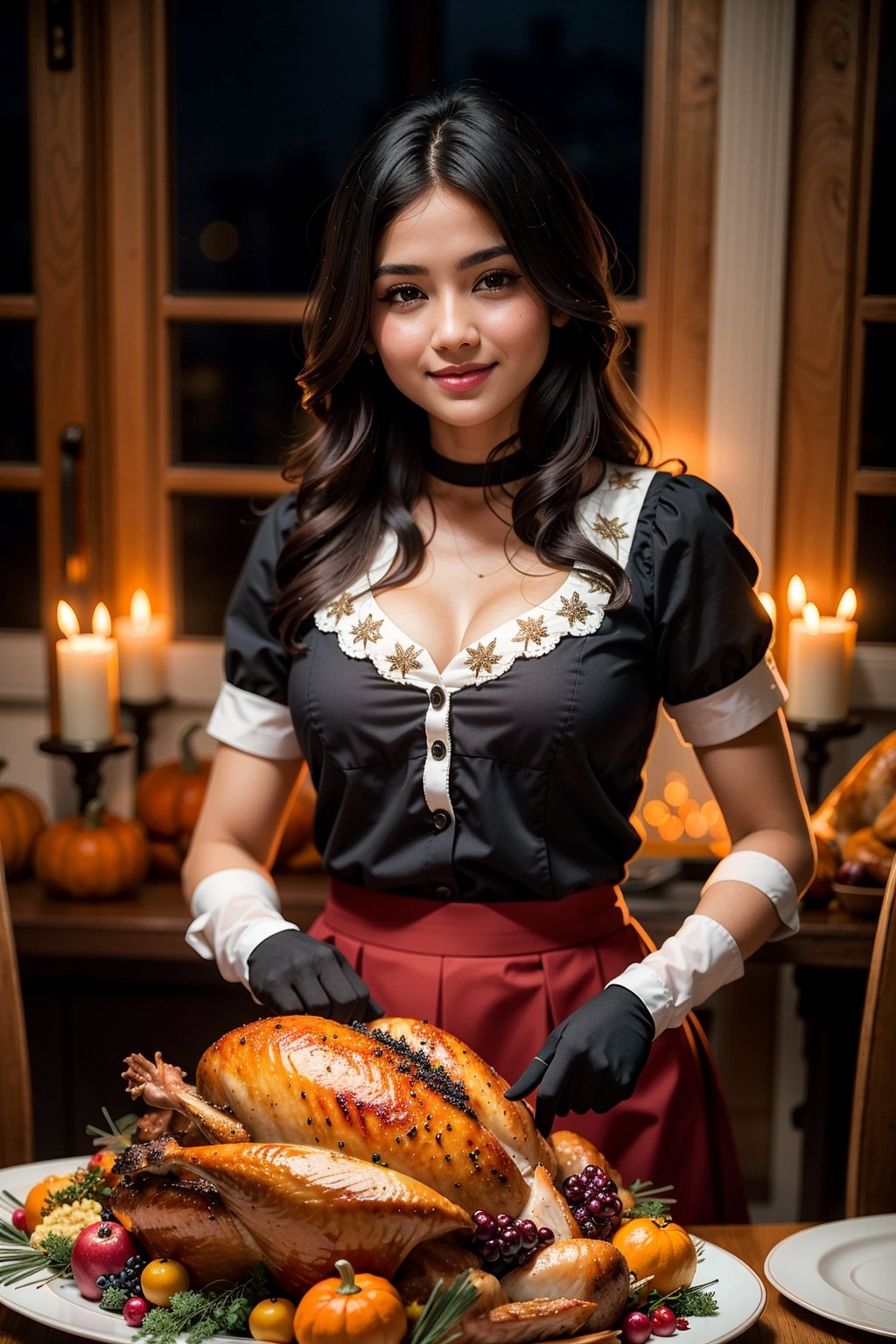 ((a young beautiful lady)) wearing ((adorable casual attire)) ((posing)) ((In the dining room)),((Thanksgiving turkey-themed:1.4)), ((night)), (((Dim light:1.4))), (((😉:1.4))), and ((wearing skirt)), and ((wearing gloves)), ((70s themes:1.4)), ((perfect_figure)), ((cleavage)), smiling, ((endearing)), ((Sweating)), ((wide_shot)), ((showing bang hair)), profesional masterpiece photography, hyper realistic, romantic , Bangsian fantasy, Bengali, photo, arabesque, ((Rangoli)), qajar art, instagram,, Anime,hogrobe,Thanksgiving turkey