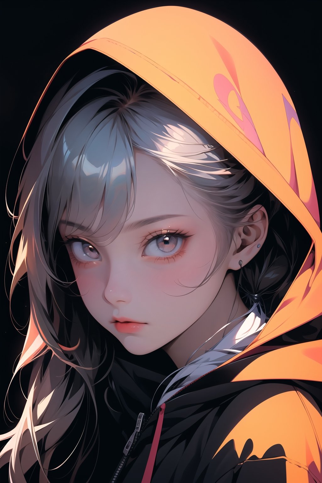 1girl, solo,oil painting, impasto, looking at viewer, silver eyes,bangs,long hair,hoodie,red lips,vague gaze,masterpiece,beautyniji,nijistyle,niji